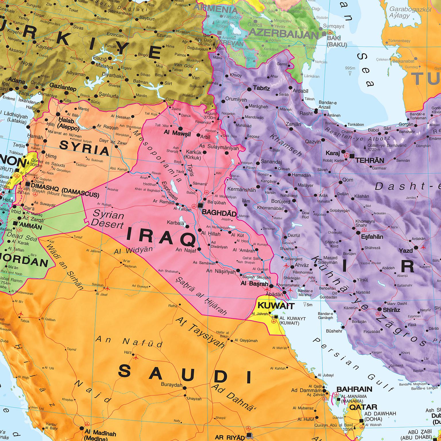 レア品)大型　立体地図　中近東·トルコ·イラン　1:6,250,000 額縁付き 特大中東政治地図 – ラミネート加工ウォールアート（48x36インチ