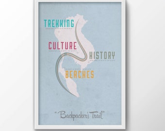 Backpackers Trail Print - emblématique, carte, itinéraire, voyage, souvenir, routards, sentier, voyage, cadeau pour lui, cadeau pour elle, voyage, cadeau