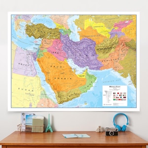 Mapa de Oriente Medio (extragrande, 122 x 91 cm), límites políticos, mapa mural de Oriente Medio, regalo para él, envío gratuito.
