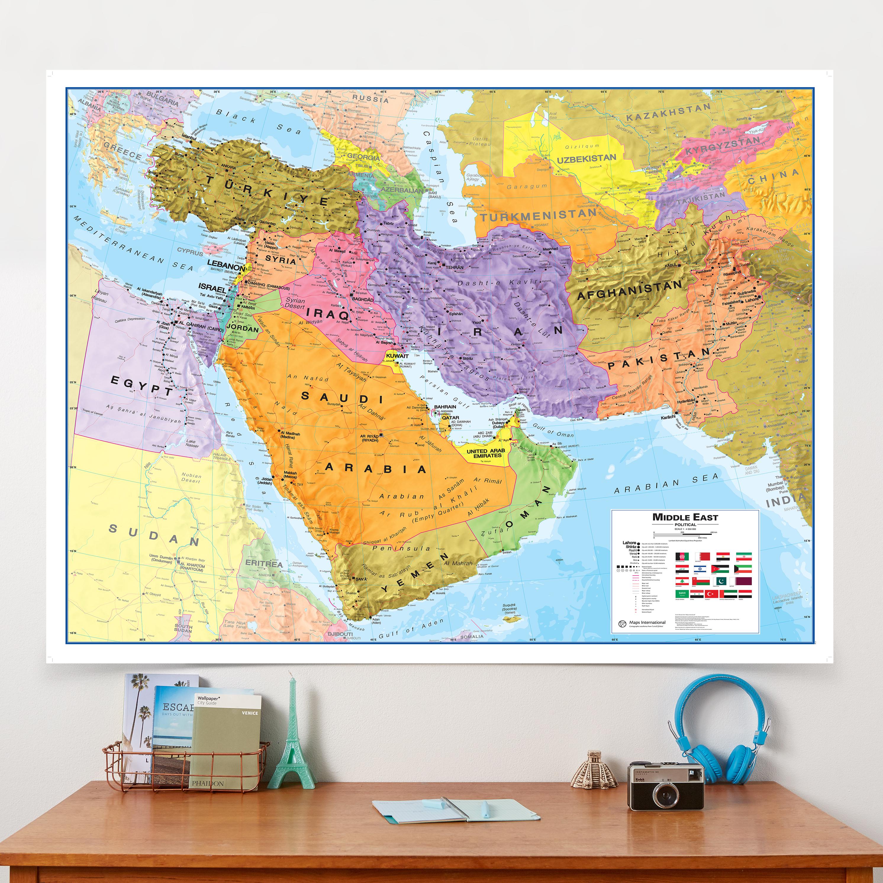 特大中東政治地図 – ラミネート加工ウォールアート（48x36インチ