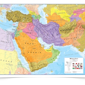 May include: A colorful political map of the Middle East, featuring countries like Turkey, Iran, and Saudi Arabia. The map includes labels for seas, countries, and cities, with a legend of flags in the lower right corner.