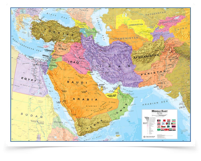 May include: A colorful political map of the Middle East, featuring countries like Turkey, Iran, and Saudi Arabia. The map includes labels for seas, countries, and cities, with a legend of flags in the lower right corner.
