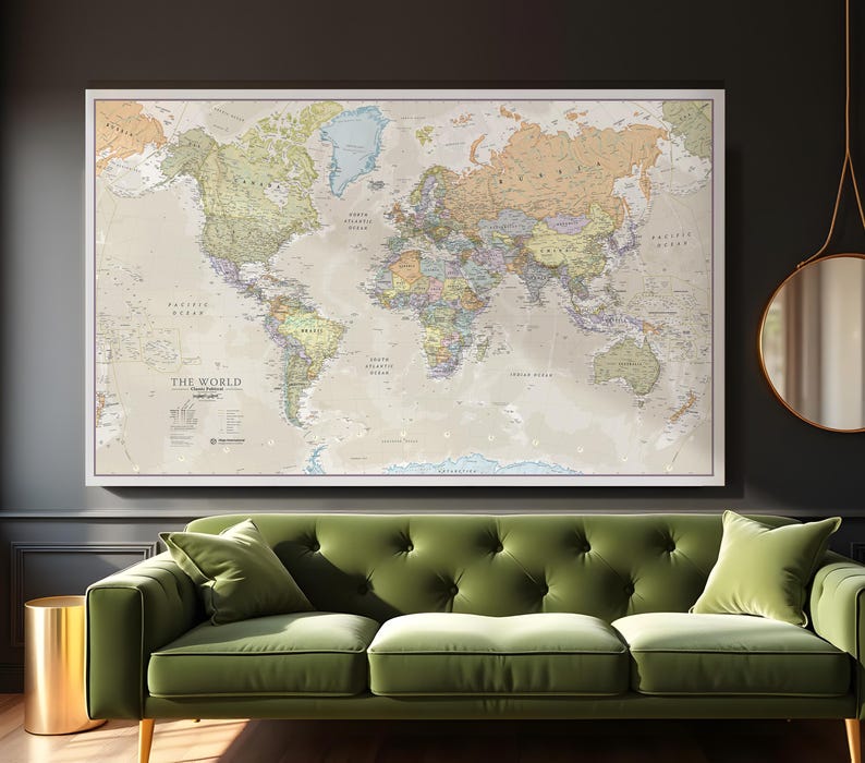 Huge Classic World Map - push pin map, map, home decor, living room, map of the world, gift, wall decal, wall art, elegant, Free Shipping Laminated