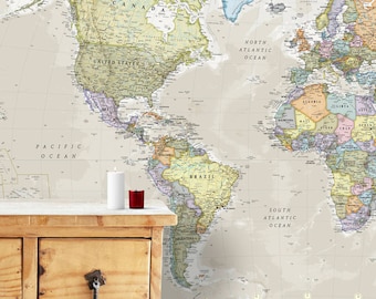 Giant Classic World Map Mural - home decor, push pin map, world map, giant world map, gift for him, gift for her, wall map, Free Shipping