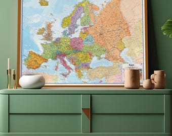 Map of Europe - Political Boundaries, Europe wall map, living room, wall map, gift for him, gift for her, push pin map, Free Shipping