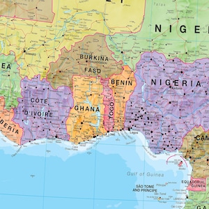 May include: A detailed map of West Africa, highlighting countries such as Ghana, Nigeria, and C&ocirc;te d'Ivoire. The map features various cities, bodies of water, and geographical details, with a focus on political boundaries.