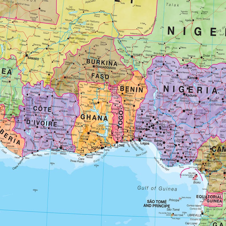 May include: A detailed map of West Africa, highlighting countries such as Ghana, Nigeria, and C&ocirc;te d'Ivoire. The map features various cities, bodies of water, and geographical details, with a focus on political boundaries.