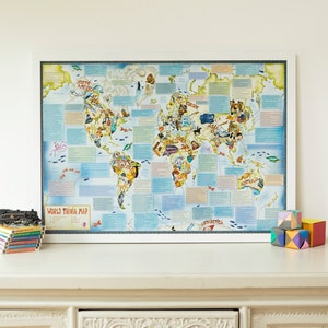 Illustrierte Weltkarte Trivia - Wandkarte, Kinderkarte, Geschenk für Ihn, Geschenk für Sie, Schlafzimmer, Spielzimmer, Weltkarte, kostenloser Versand