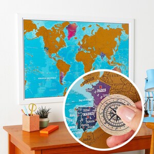 Scratch the World ® Watercolour Edition Map - Wooden Scratch Coin Included - Travel Poster Gift