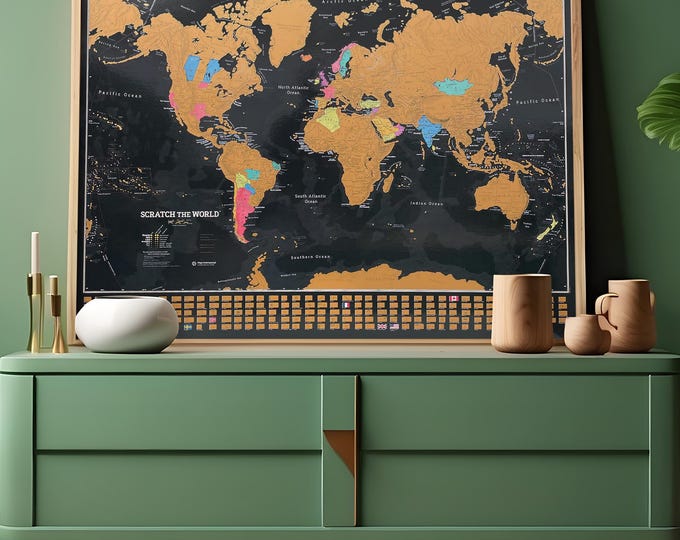 Scratch the World ® - Map Print Black Ocean With Flags Panel - home decor, framed, birthday gift, 18th, 21st, Father&#39;s Day, gift for him