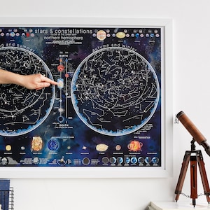 Stars And Constellations Glow Map, Night Sky Poster - gift for him, gift for her, free shipping, map, educational, glow in the dark, gift