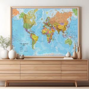 Political World Map Poster – Available Wooden Hanging Bars - Colourful Countries Wall Art