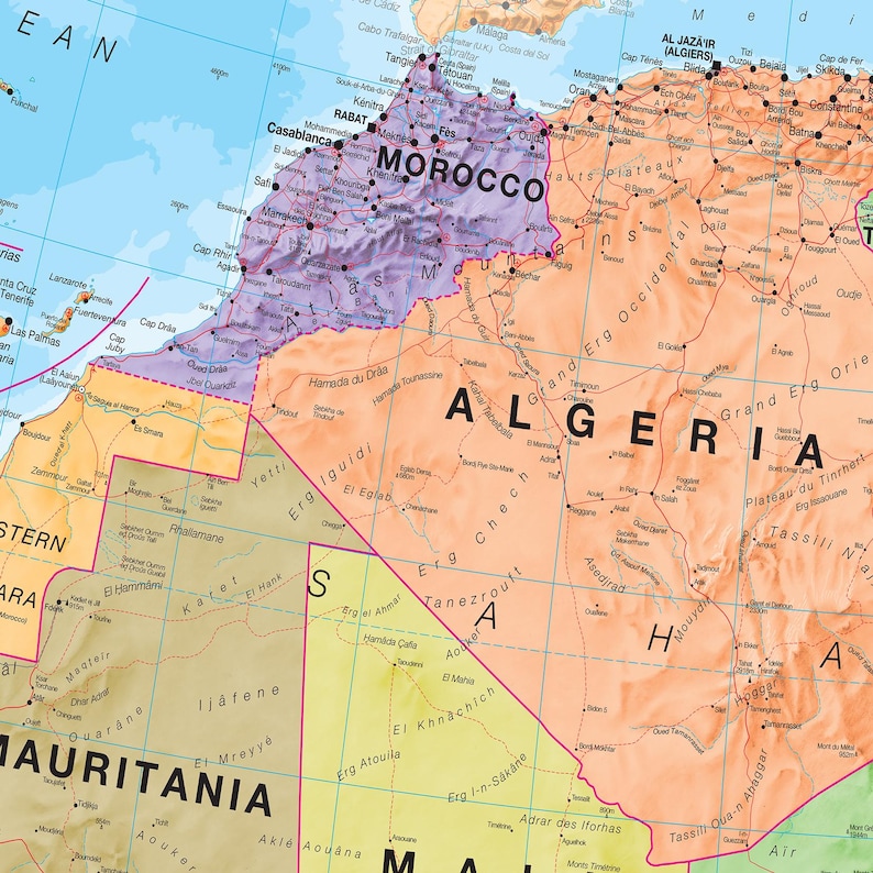 May include: A detailed map of North Africa, focusing on Morocco and Algeria. The map displays geographical features such as mountains and deserts, along with city names. The colour scheme uses yellow, orange, and purple, with text labels identifying locations.