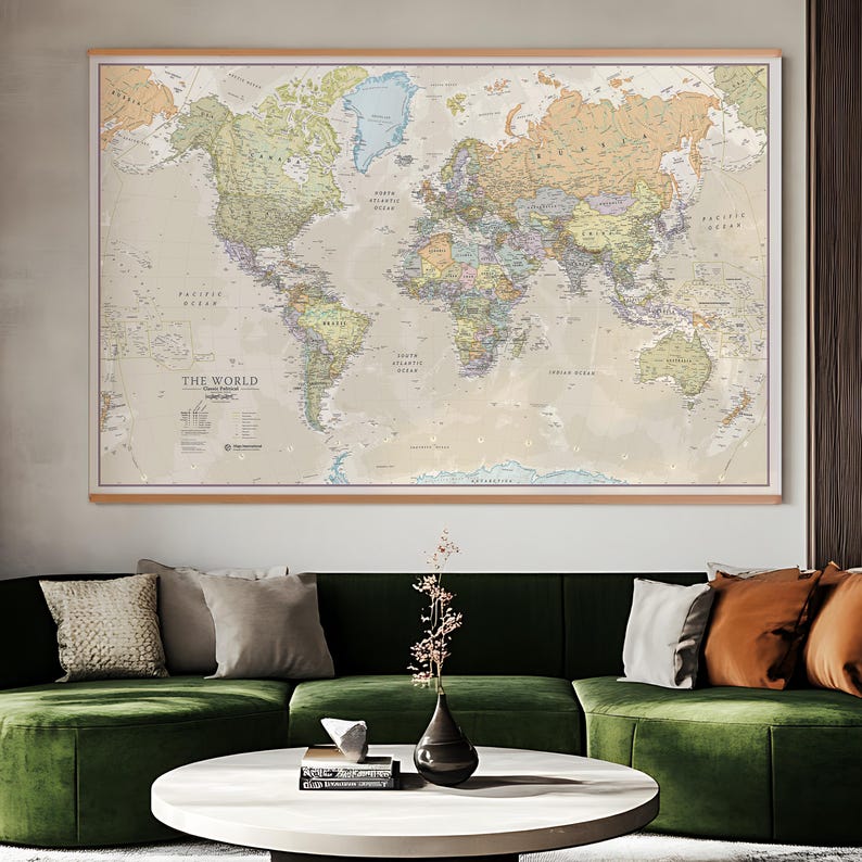 Huge Classic World Map - push pin map, map, home decor, living room, map of the world, gift, wall decal, wall art, elegant, Free Shipping image 3