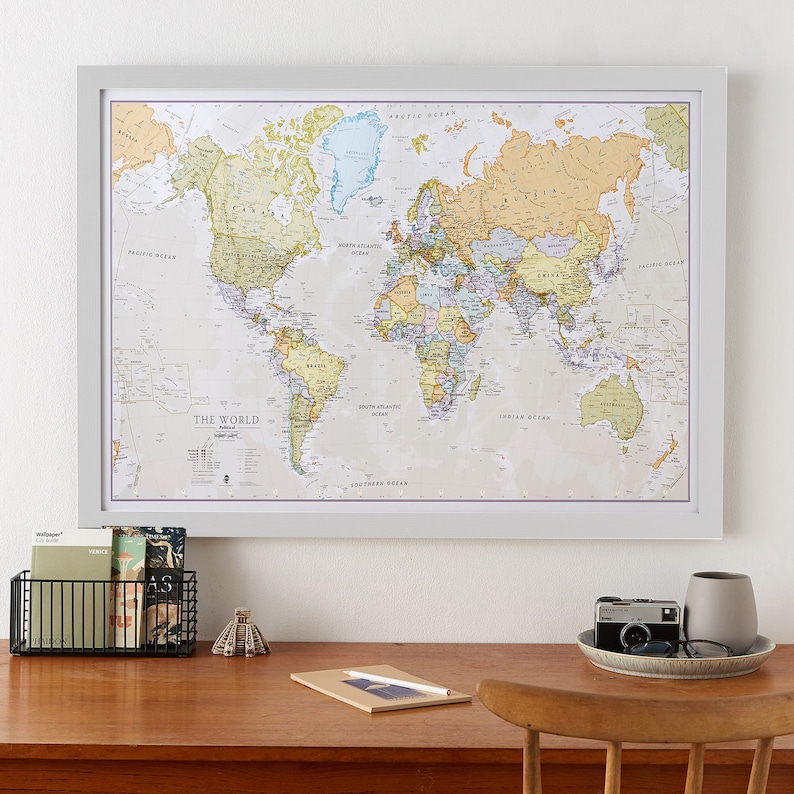 Classic World Map home decor, bedroom, world wall map, living room, wall map, gift for him, gift for her, push pin map, Free Shipping image 8