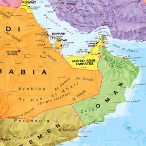 May include: A detailed map of the Arabian Peninsula and surrounding areas, including the Persian Gulf and the Gulf of Oman. The map highlights countries such as Saudi Arabia, Yemen, and the United Arab Emirates, with cities and geographical features labeled.