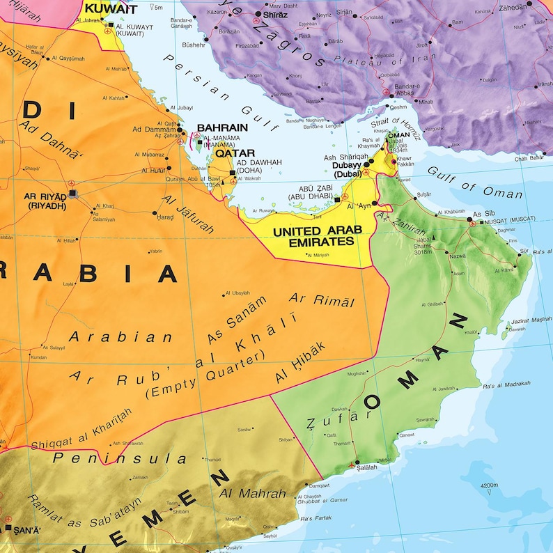 May include: A detailed map of the Arabian Peninsula and surrounding areas, including the Persian Gulf and the Gulf of Oman. The map highlights countries such as Saudi Arabia, Yemen, and the United Arab Emirates, with cities and geographical features labeled.