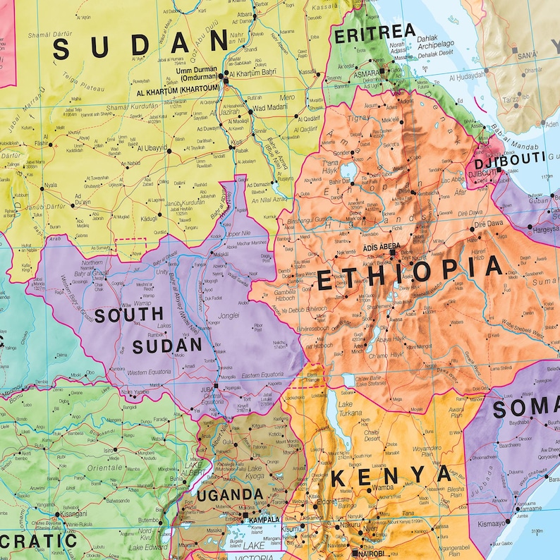 May include: A detailed map of Northeast Africa, showing countries like Sudan, Ethiopia, and Kenya. The map uses different colours to show geographical areas, with labels for cities, water bodies, and political borders. It's a visual guide to the region, with measurements in kilometers.