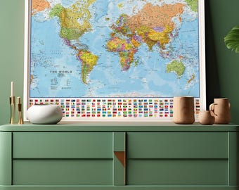 Political World Map with Flags Poster - home, wall hanging, map of the world, push pin map, gift, study, world map, Free Shipping