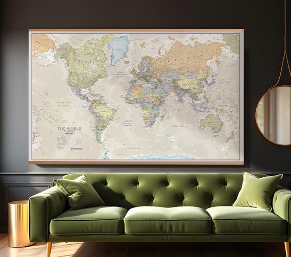 Huge Classic World Map - push pin map, map, home decor, living room, map of the world, gift, wall decal, wall art, elegant, Free Shipping