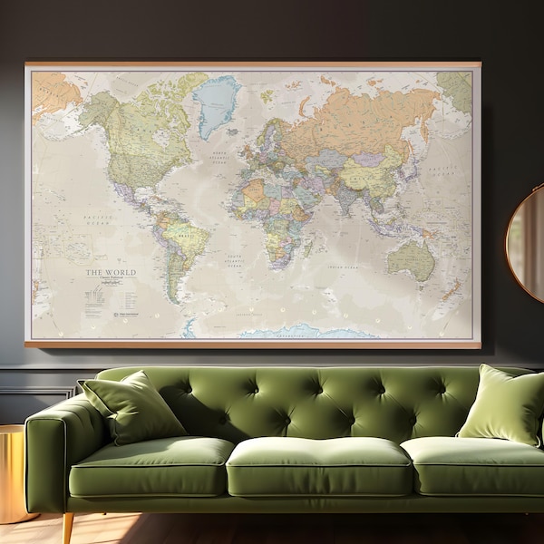 Huge Classic World Map - push pin map, map, home decor, living room, map of the world, gift, wall decal, wall art, elegant, Free Shipping