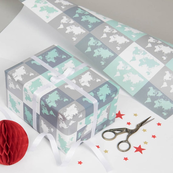 Metallic World Map Gift Wrap - christmas, wrapping paper, gift for him, gift for her, gift, gift wrapping, travel, world map, Free Shipping