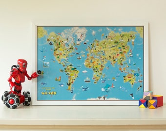 Kids Cartoon Map Of The World - wall map, map poster, kids map, bedroom, push pin map, cartoon map, wall map, wall hanging, Free Shipping