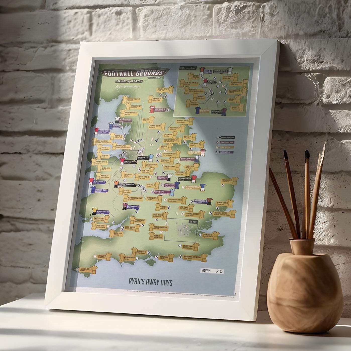 Scratch Off 92 Football Grounds Print - 2025-2026 Season, gift for him, personalised, scratch, wall map, football