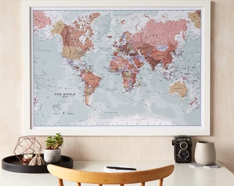 Wall Map Art World Executive - home decor, bedroom, push pin map, world map, gift for him, gift for her, map, living room,  Free Shipping