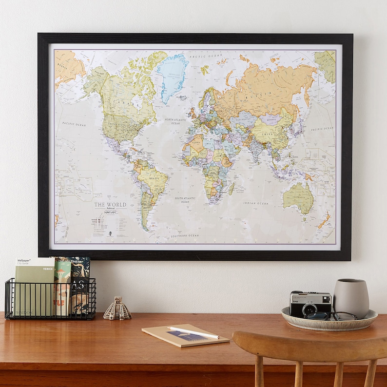 Classic World Map home decor, bedroom, world wall map, living room, wall map, gift for him, gift for her, push pin map, Free Shipping image 2