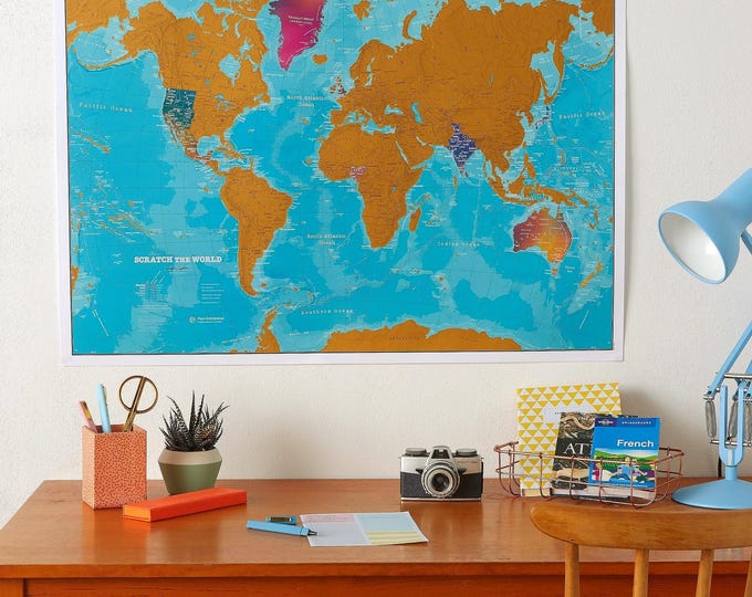 Scratch the World ® Watercolour Edition Map - Wooden Scratch Coin Included - Travel Poster Gift