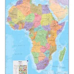 May include: A detailed, colourful map of the African continent, displaying countries in different hues. The Atlantic and Indian Oceans are also visible. A smaller inset shows flags. The map is a geographical representation.