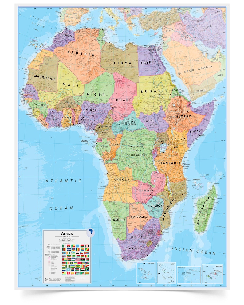 May include: A detailed, colourful map of the African continent, displaying countries in different hues. The Atlantic and Indian Oceans are also visible. A smaller inset shows flags. The map is a geographical representation.