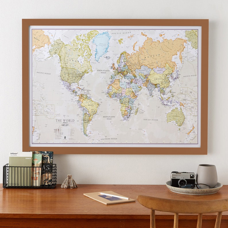 Classic World Map home decor, bedroom, world wall map, living room, wall map, gift for him, gift for her, push pin map, Free Shipping image 9