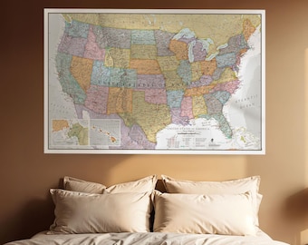 May include: A large wall map of the United States of America featuring a multi-colored political design with state boundaries, major cities, and labeled bodies of water. Insets show Alaska and Hawaii, with a legend in the lower right corner.