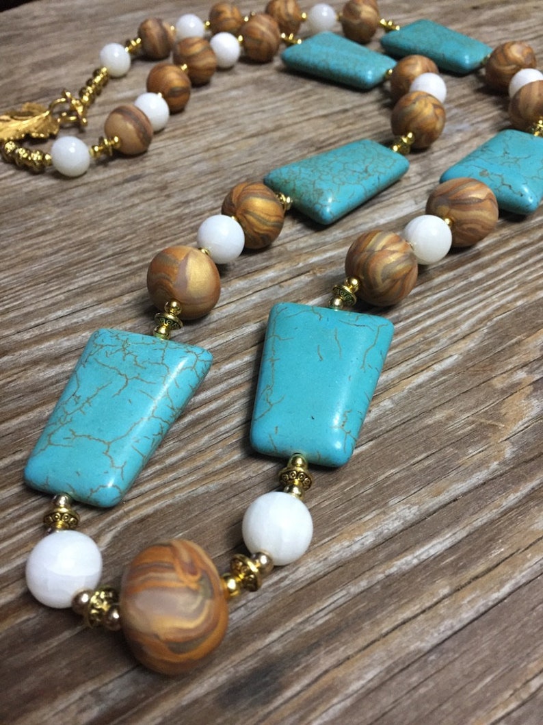 Bold Unique Gold Turquoise /& White Handmade Statement Necklace Roma