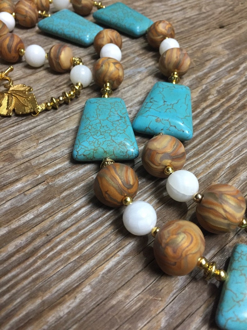 Bold Unique Gold Turquoise /& White Handmade Statement Necklace Roma