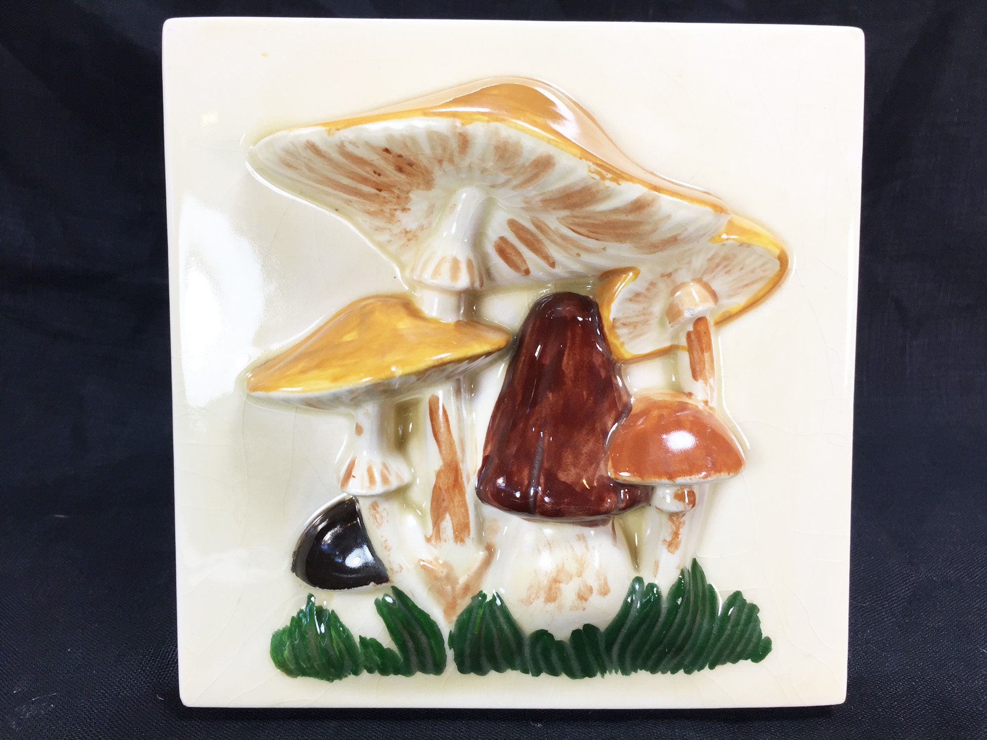 Vintage Mushroom Ceramic Wall Hanging Tile Retro Mycology Etsy