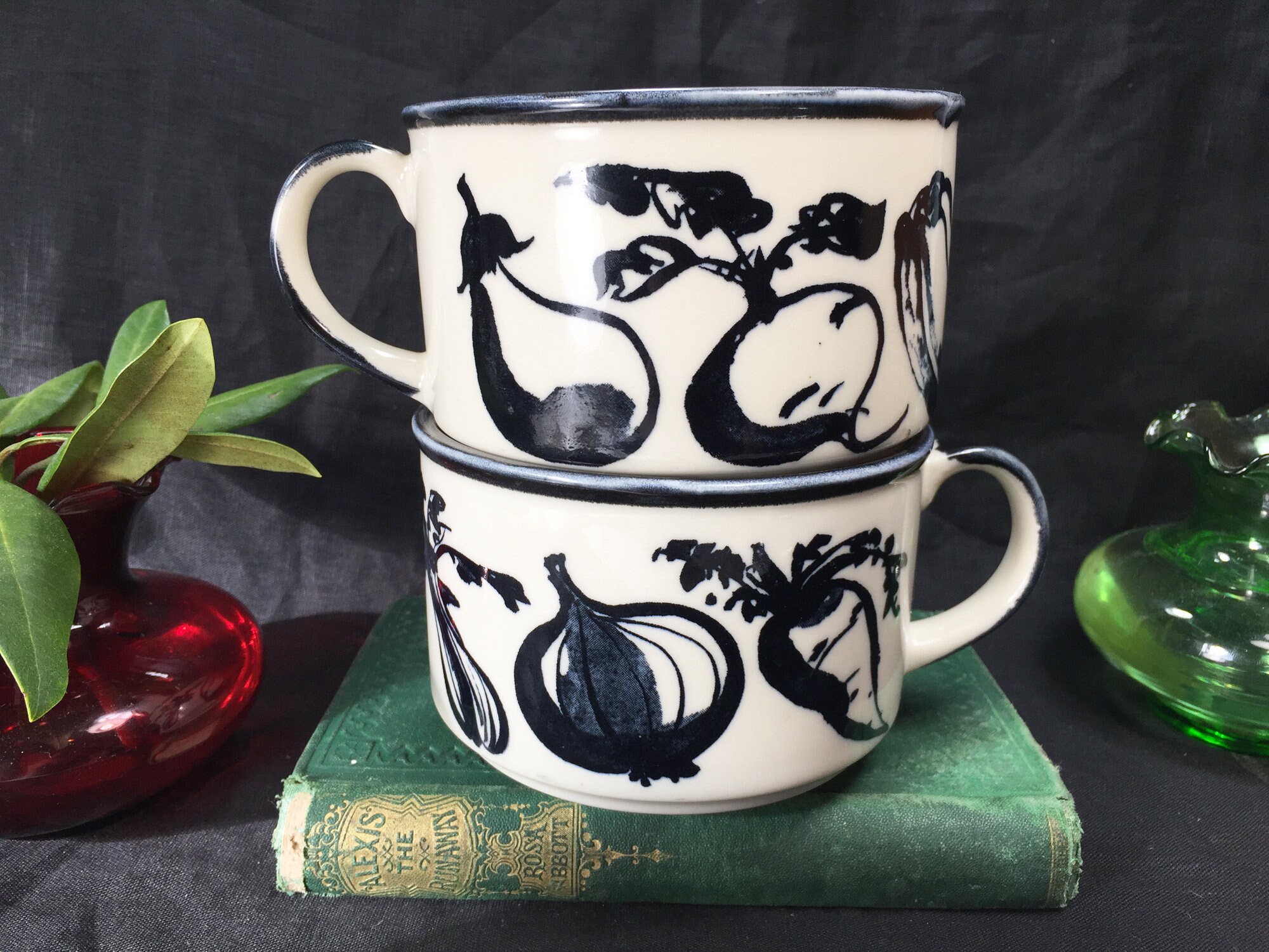 Vintage Pair Soup Cup Japan Bowl With Handle Vegetable Pattern Etsy