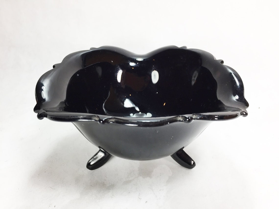 Vintage LE Smith 3 Footed Black Amethyst Glass Candy Bowl Mid Etsy
