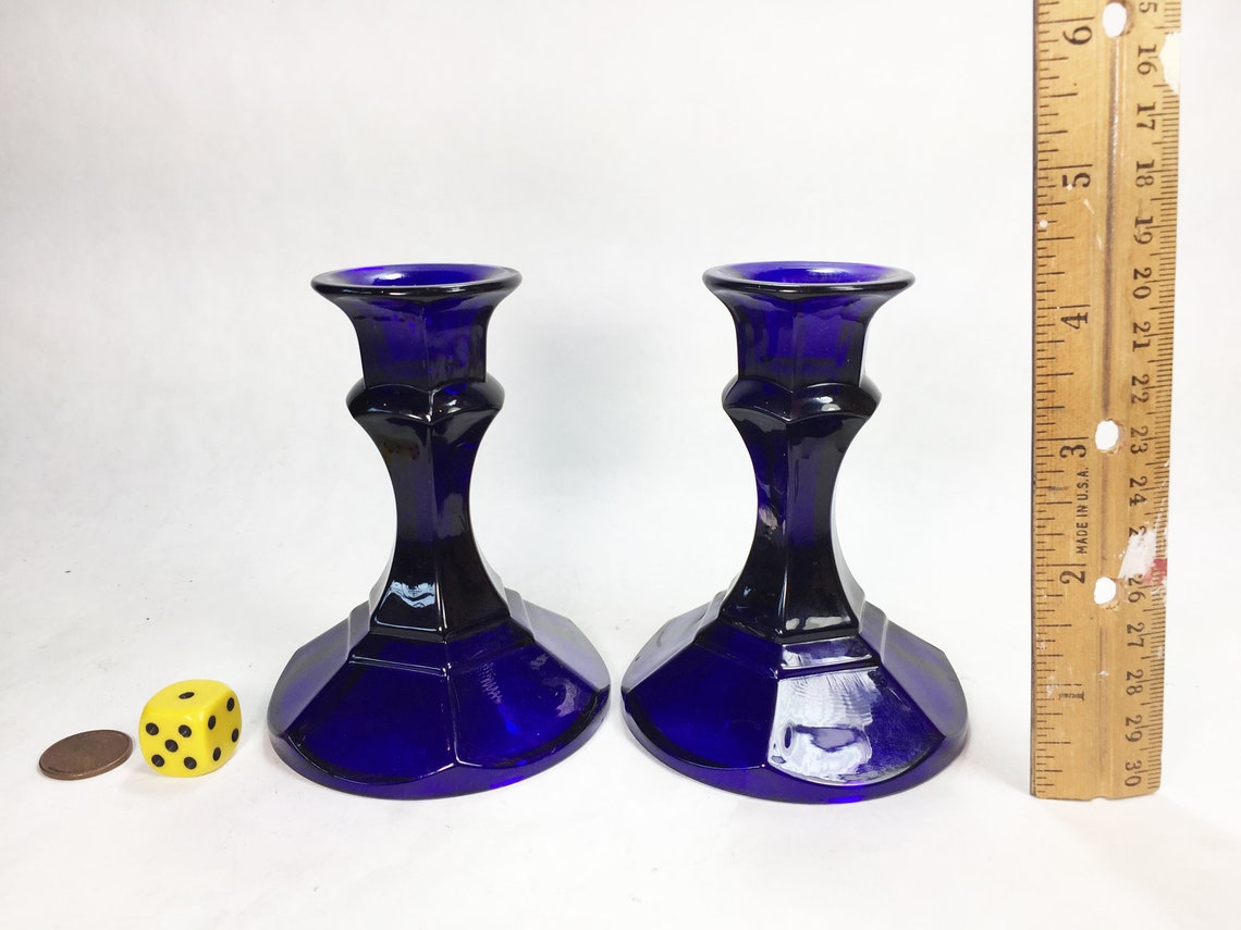 Vintage Pair Cobalt Blue Glass Candle Holders Candlestick Home Etsy