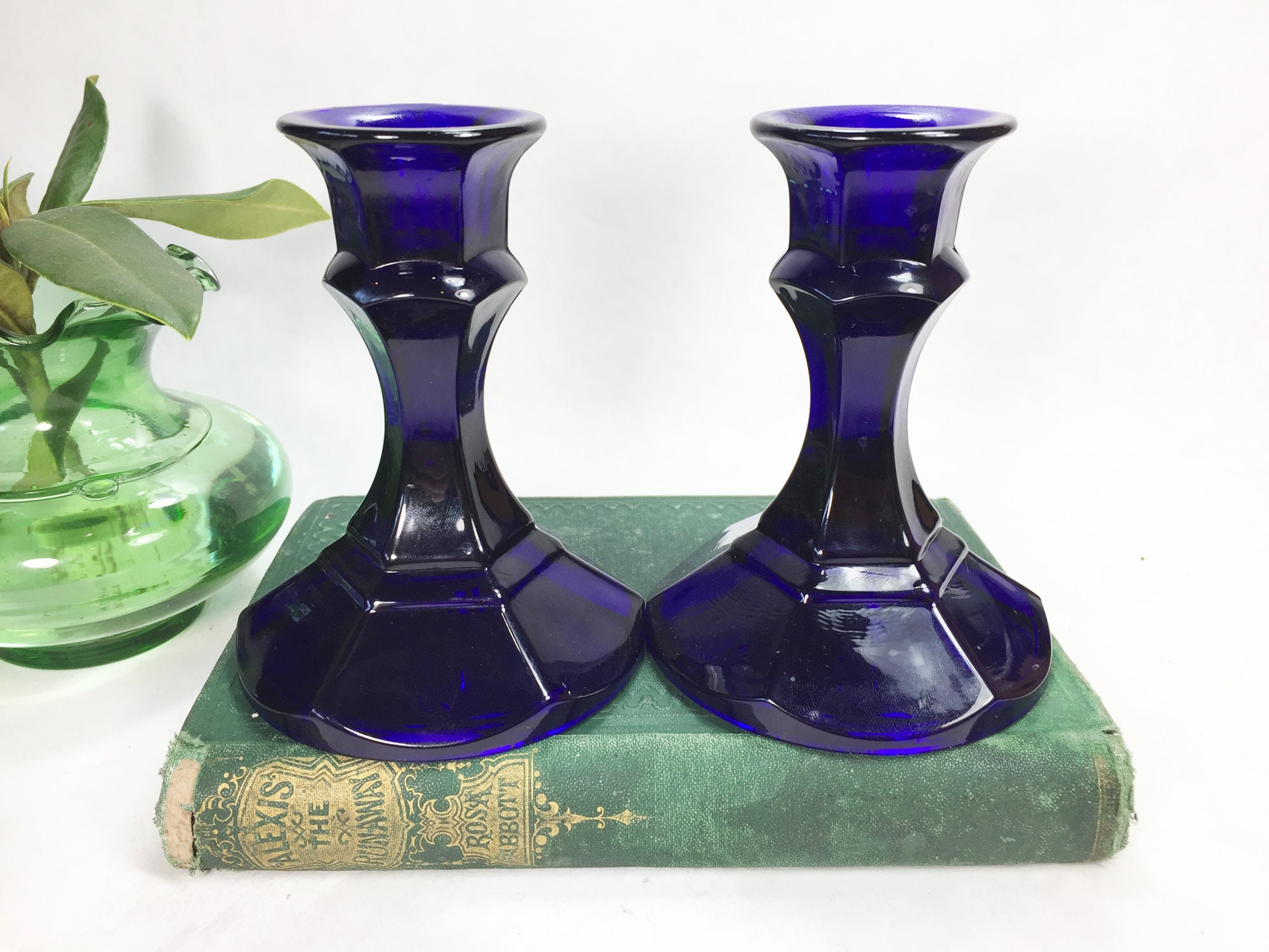 Vintage Pair Cobalt Blue Glass Candle Holders Candlestick Home Etsy