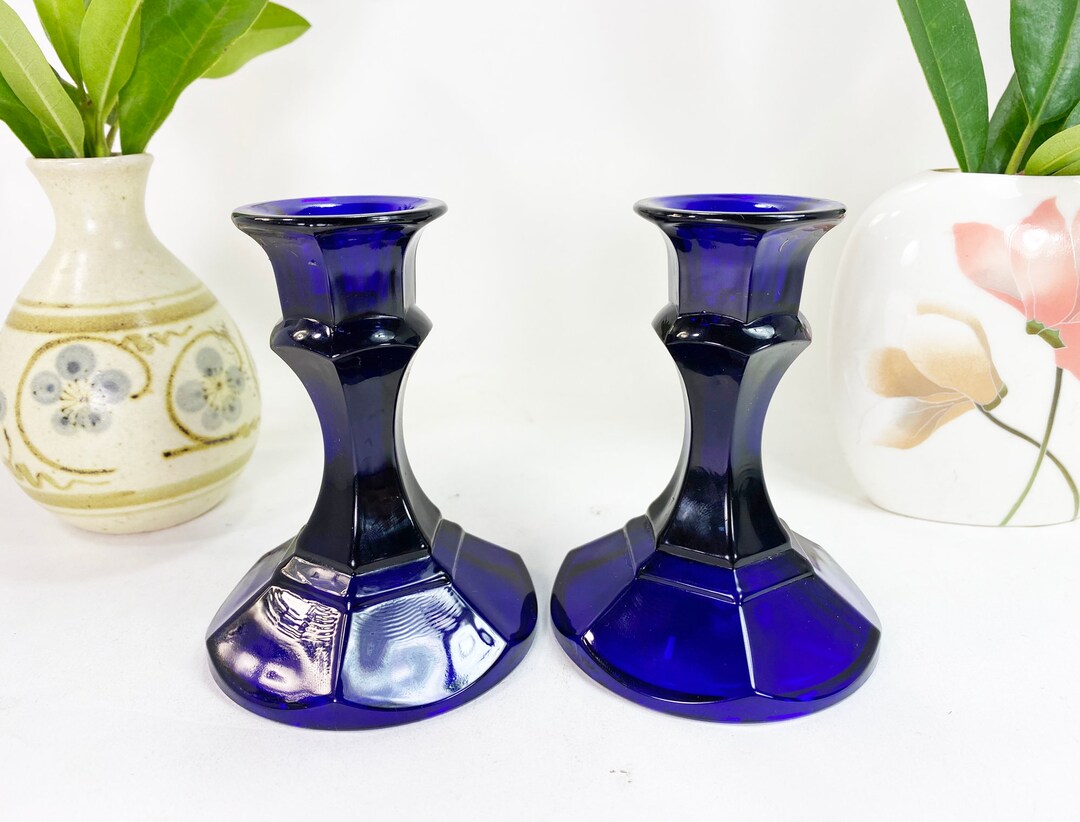 Two Vintage Cobalt Blue Glass Candle Holders Centerpiece Candlestick