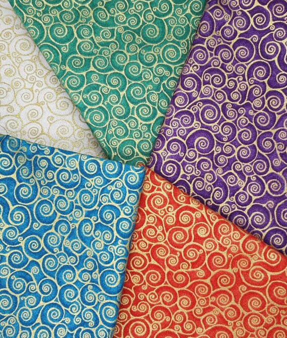 Rhapsody Makower Fabric Multiple Sizes Cotton Metallic Scrolls Green