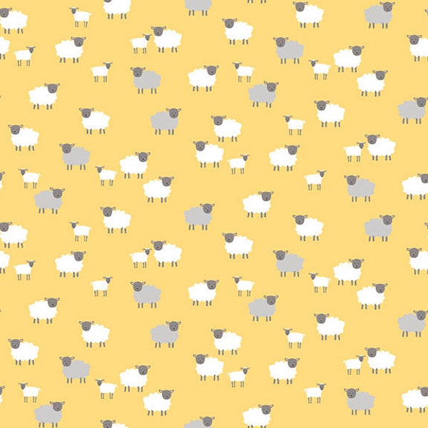 Spring Sheep. Makower Spring fabric range. Andover Spring fabric. Yellow sheep fabric. Makower sheep cotton. Makower fabric code 2190 Y.