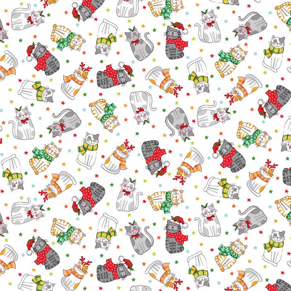 Scatter White Santa Paws. Santa Paws fabric range from Makower. Cat Christmas fabric. White cat Christmas fabric. Makower fabric code 2476 W