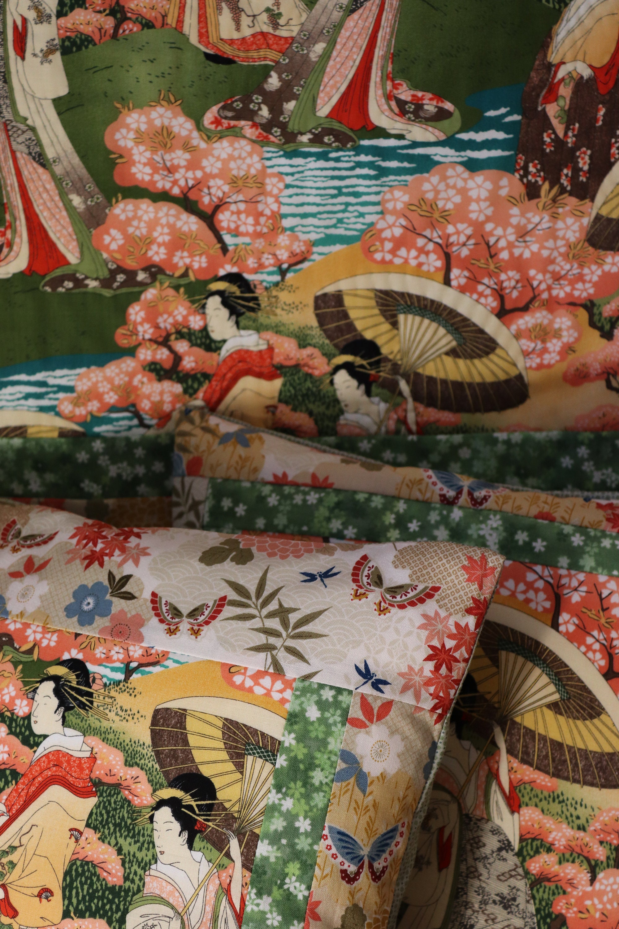 Japanese Geisha fabric wall hanging in green. Japanese fabric Etsy