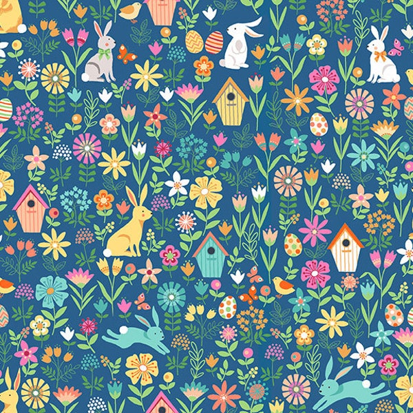 Spring Allover. Makower Spring fabric range. Andover Spring fabric. Spring Allover blue. Easter cotton fabric. Makower fabric code 2188 B.