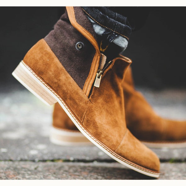 Brown men's leather boots - shoes, made in France by hand / City shoes / Casual, smart, trendy, lifestyle, menswear