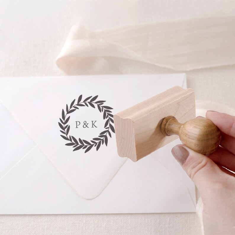 Wreath Monogram Stamp, Save the Date Stamp, Custom Rubber Stamp, Custom RSVP Stamp, Gifts for Couples, Wedding Invitation Stamp SMONO121 image 2